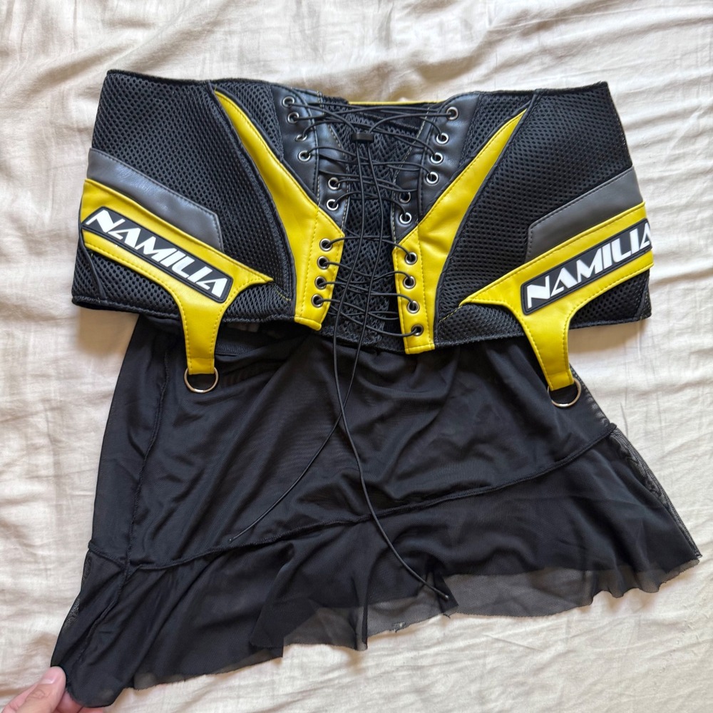 NWT NAMILIA black yellow moto mesh faux leather lace up micro mini skirt